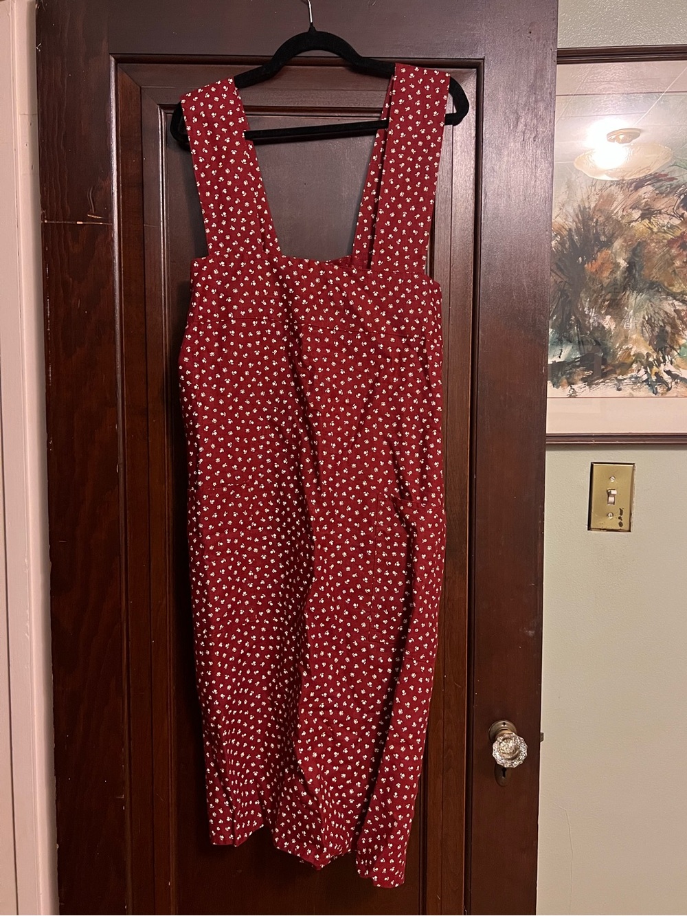 Not Perfect Linen Full Cross Back Pinafore Linen Apron in Ruby red floral, reg.